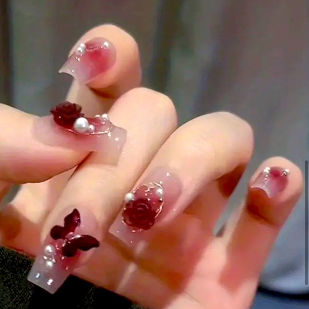 Rose Butterfly cover with White Pearl Press on nail nude color - Picture 3 of 5